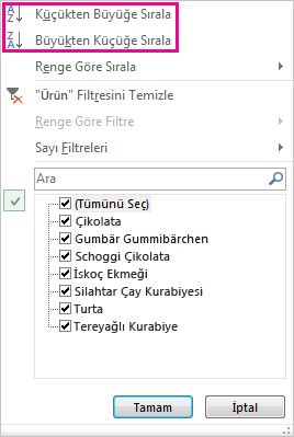 Sırala ve Filtre Uygula galerisindeki sıralama komutları